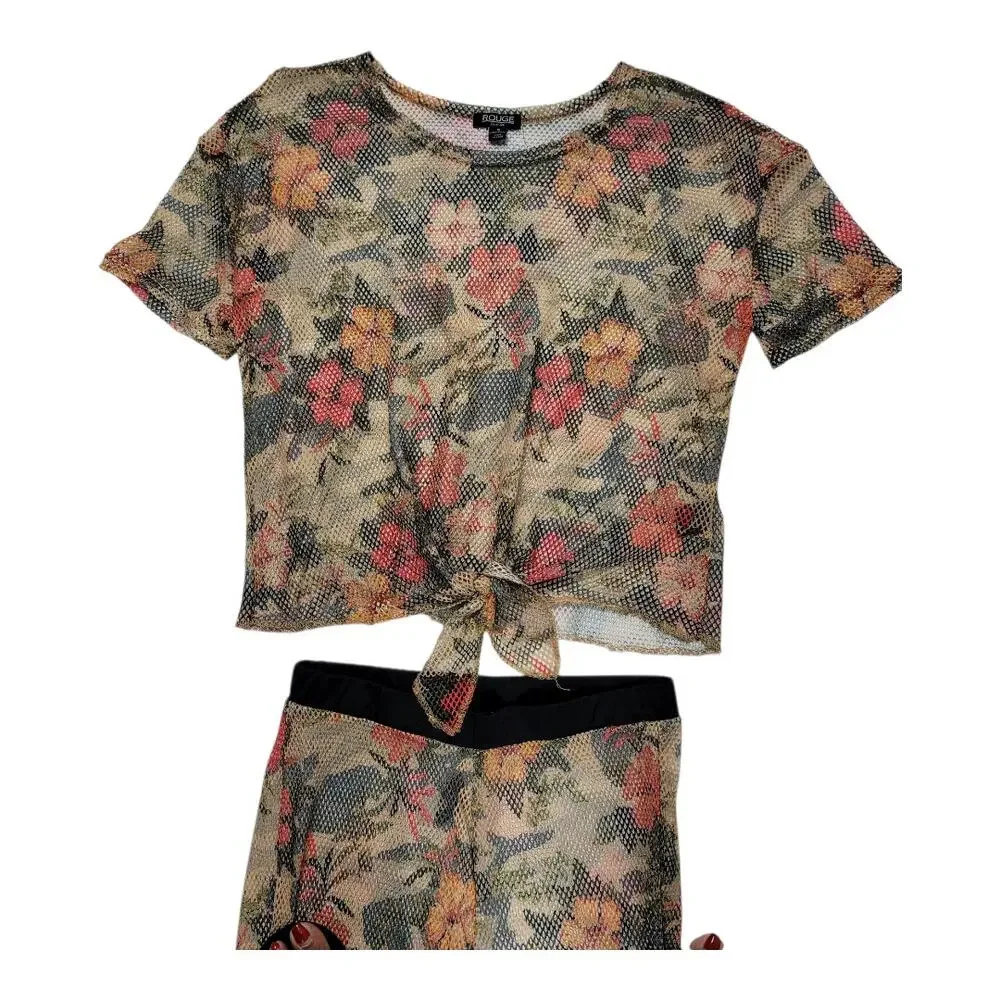 Rouge Mesh Floral Bell Bottom Pants Set Tie‎ Front Crop Top Boho Women's Size 1X